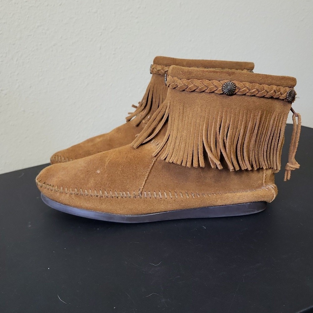 Minnetonka Brown Suede Fringe Ankle Booties with Braided Concho Trim